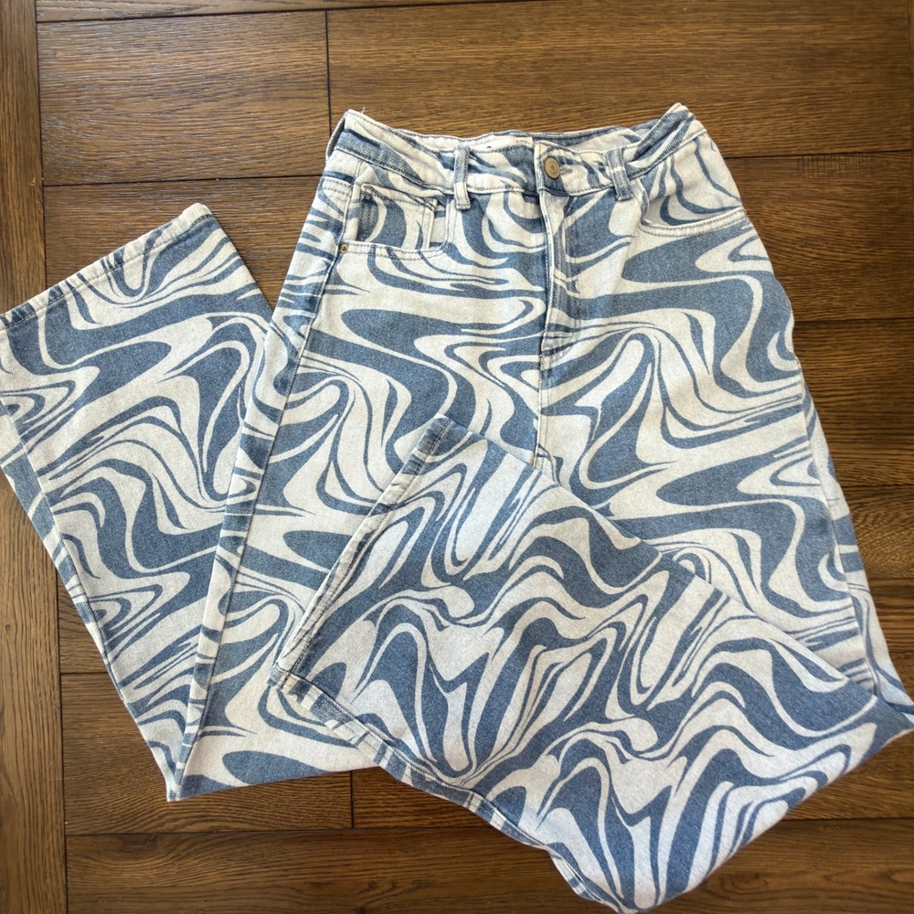 SO Goods For Life Wide Leg Jeans Blue White Swirl Marble Print High Rise Sz 5/27